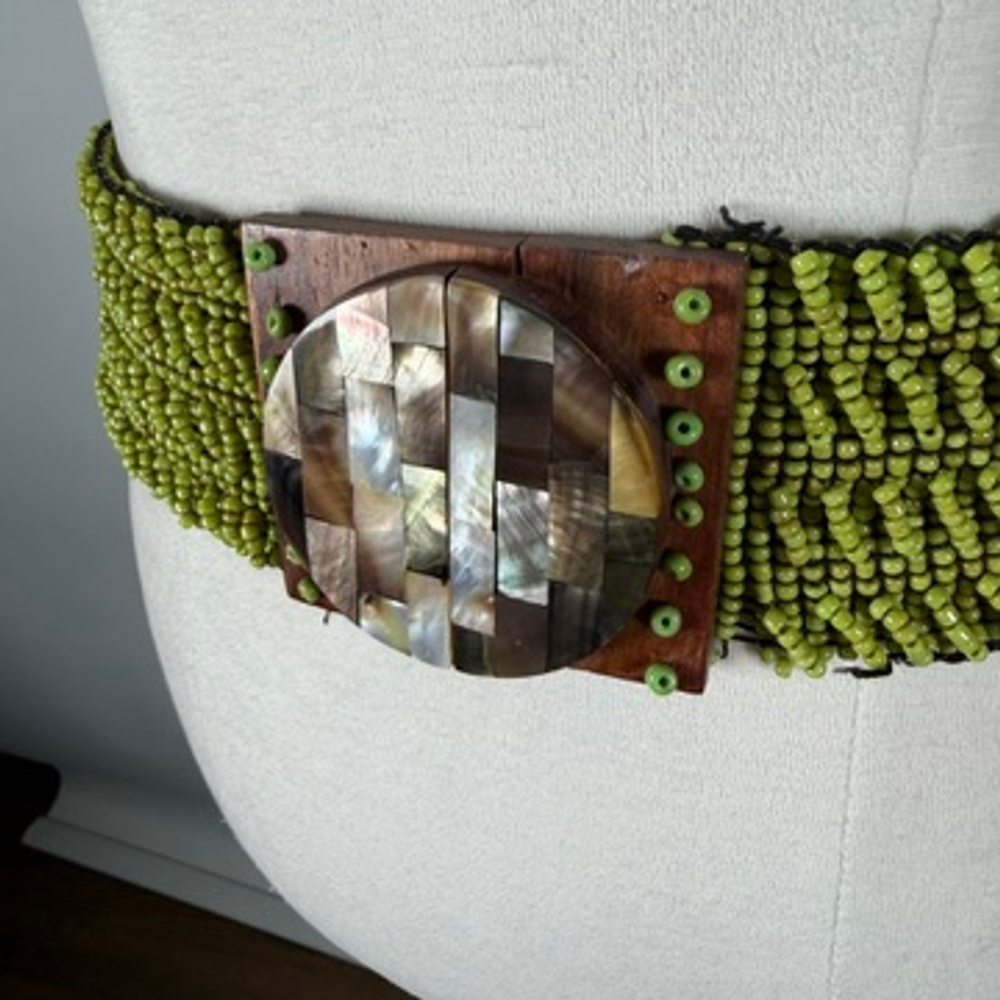 Statement Beaded Lime Green Wide Belt Wood & Mosaic Inlay Buckle Boho Size OS - Picture 3 of 9